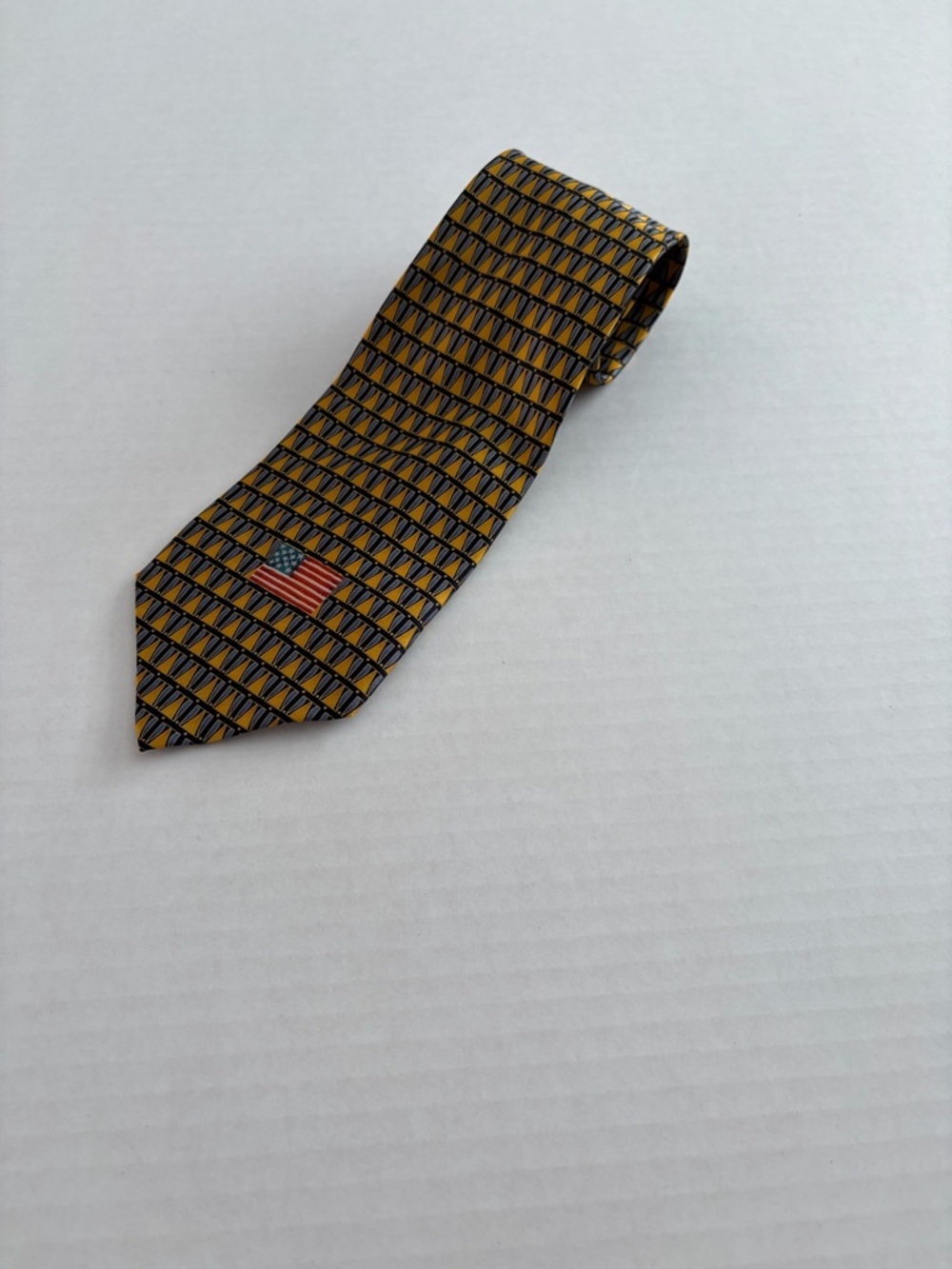 Stonehenge Silk Tie USA Flag Geometric Gold Navy Designer Necktie